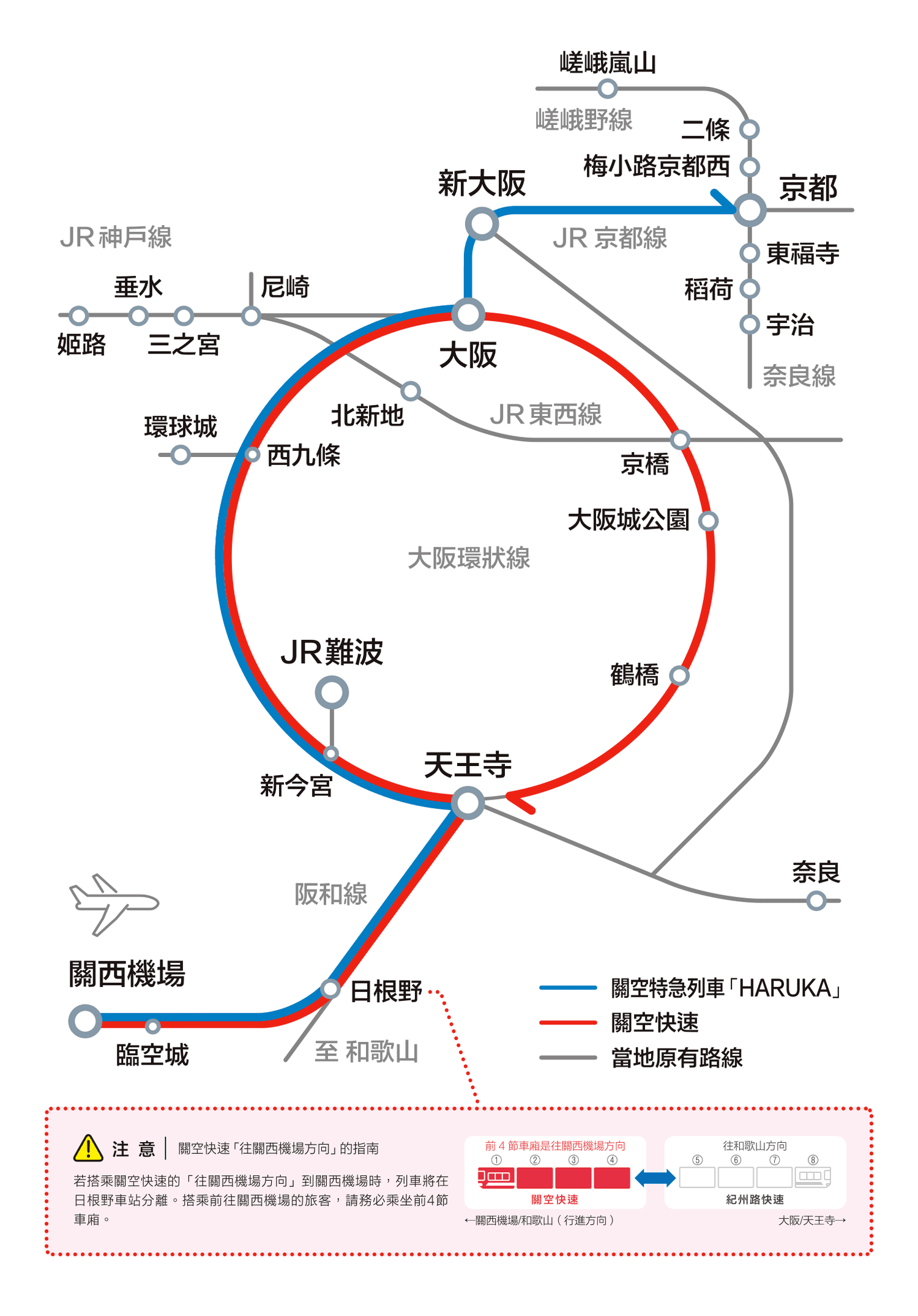 Haruka關西機場特快車 時刻表.優惠車票.搭車教學.路線圖!關西機場到京都、大阪市區 - 第5張圖 Haruka列車路線圖