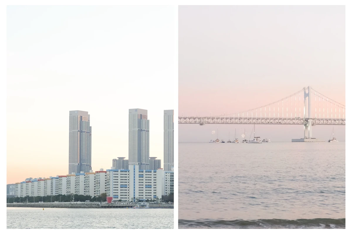 【廣安里一日遊攻略】廣安里海水浴場.景點地圖.夜景看廣安大橋、浪漫散步行程! - 第14張圖 橘紅色日落時的廣安景色