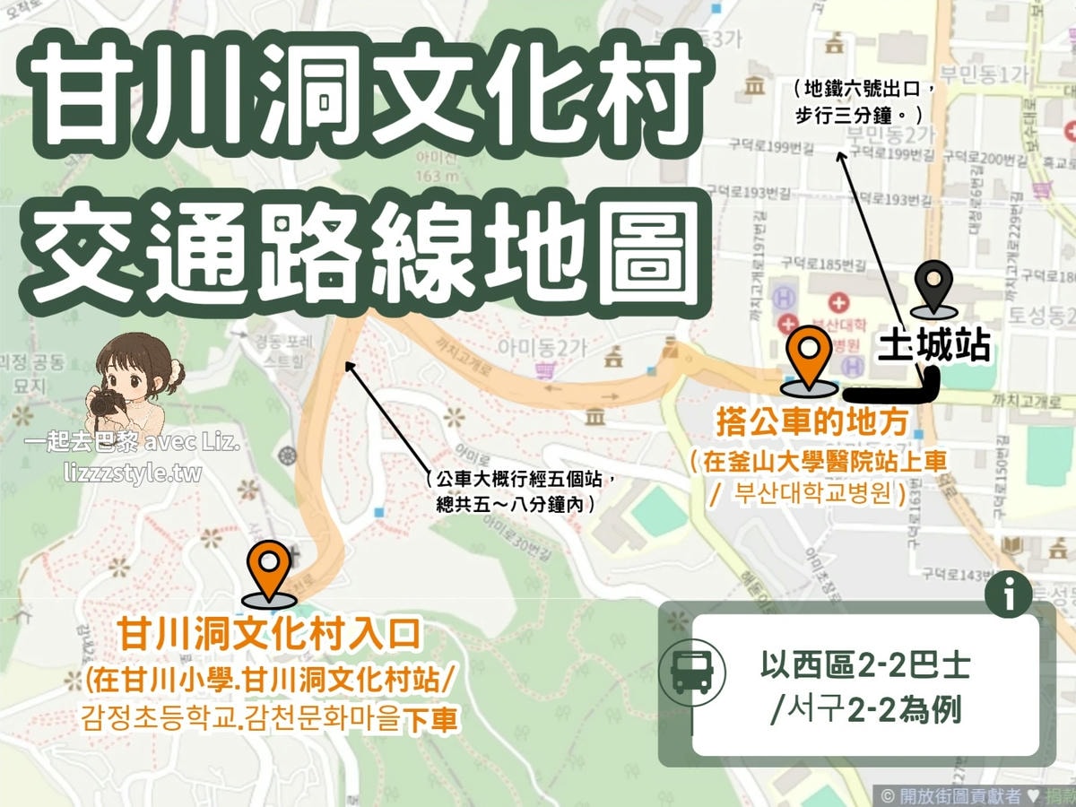 【2025甘川洞文化村攻略】交通方式圖解、10個隱藏拍照點+2種體驗帶你玩一日。韓服.新小王子拍照區 - 第2張圖 我親自實際走訪、親自製作的釜山甘川洞文化村交通地圖,包含公車上車和下車以及搭乘的巴士說明。