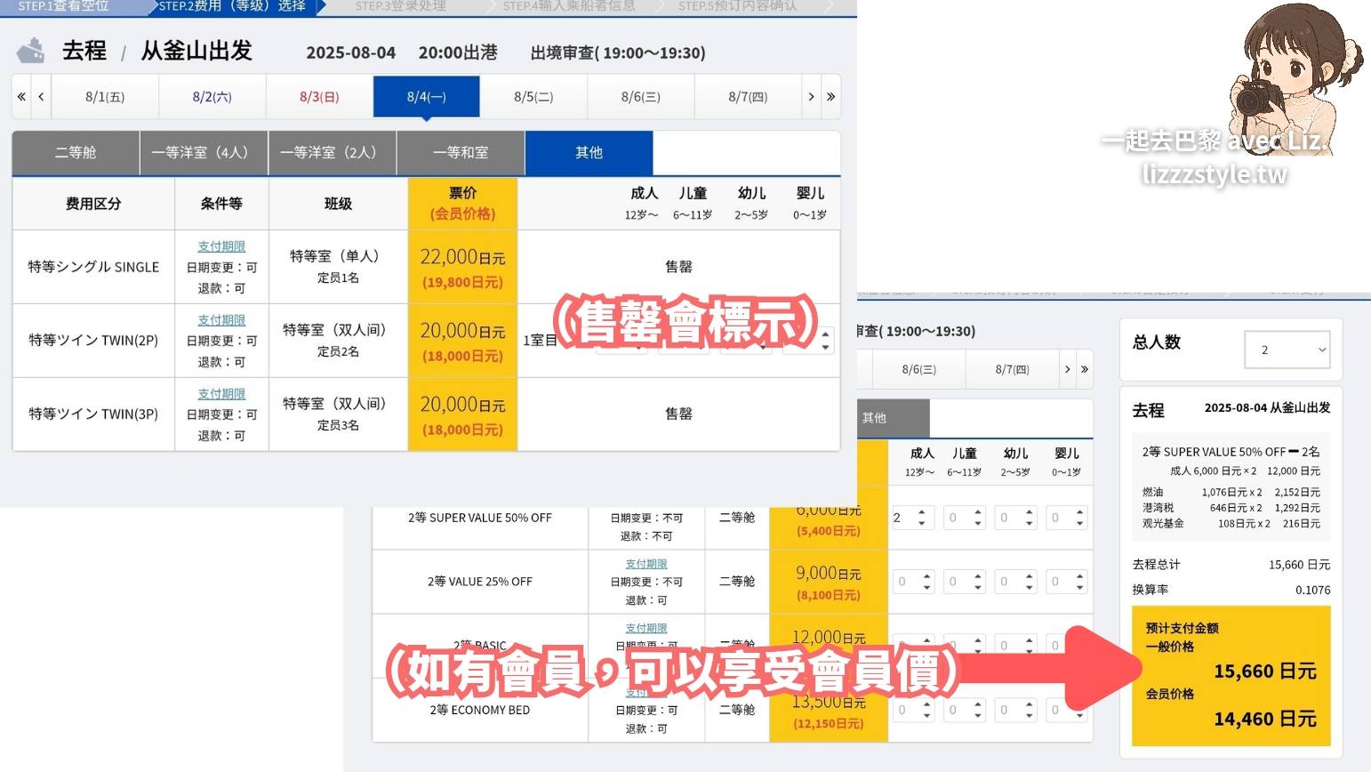 顯示新山茶花號售完的訂票步驟畫面