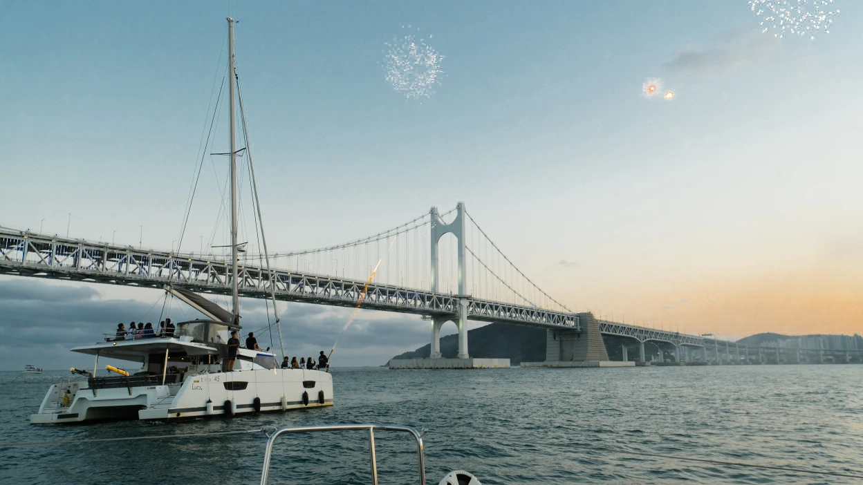 2025年10月我搭乘釜山遊艇也順利紀錄到日落時段的煙火秀了！