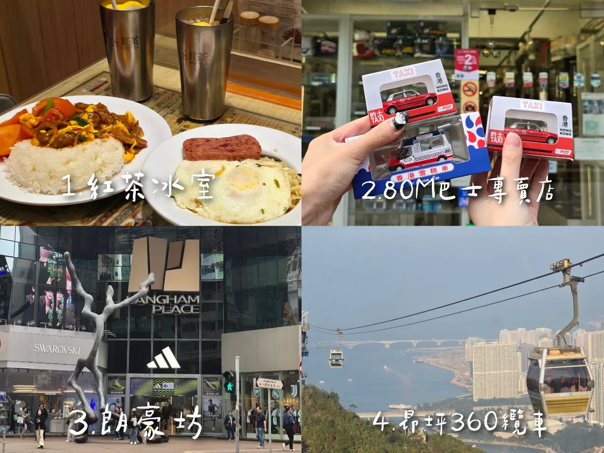 路線重點：紅茶冰室→旺角80M巴士專賣店買紀念品→上海街618號→金華冰廳→朗豪坊→昂坪360纜車→飯店