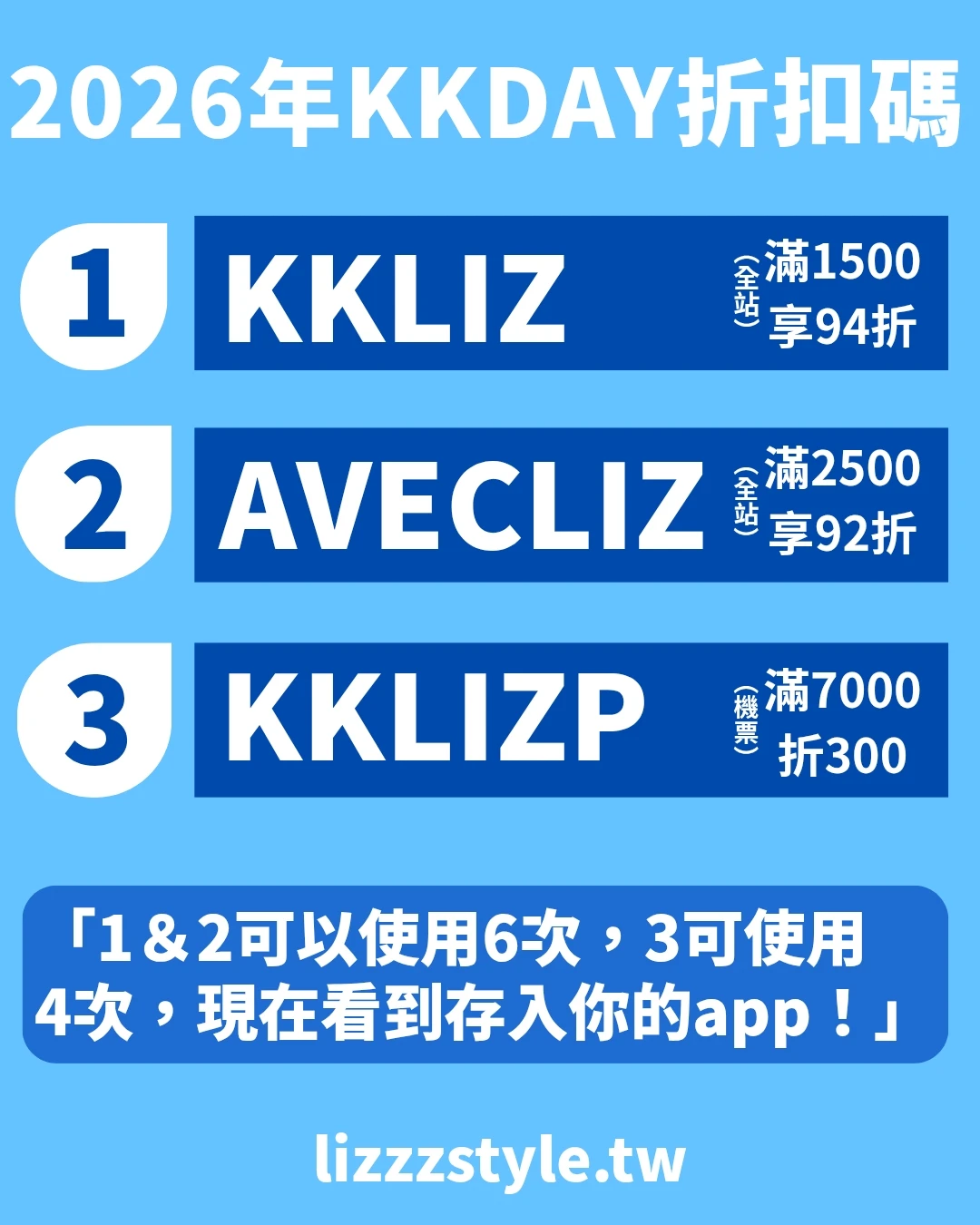 2026年最新KKday折扣碼：【KKLIZ】KKDAY全站商品滿1500享94折；【AVECLIZ】KKDAY全站商品滿2500享92折；【KKLIZP】KKDAY機票商品滿7000折抵300。